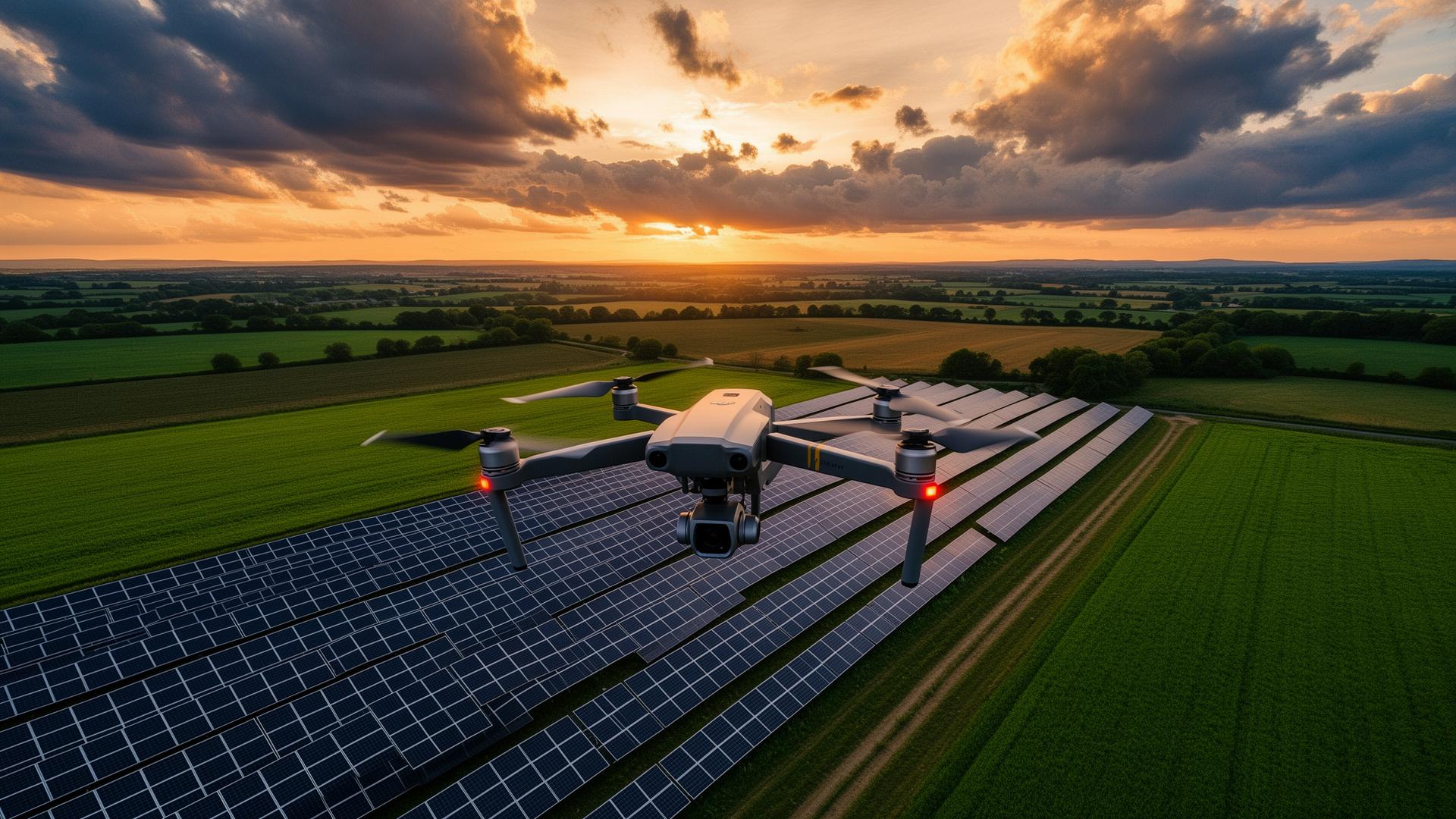 Dron nad panelami fotowoltaicznymi o zachodzie słońca